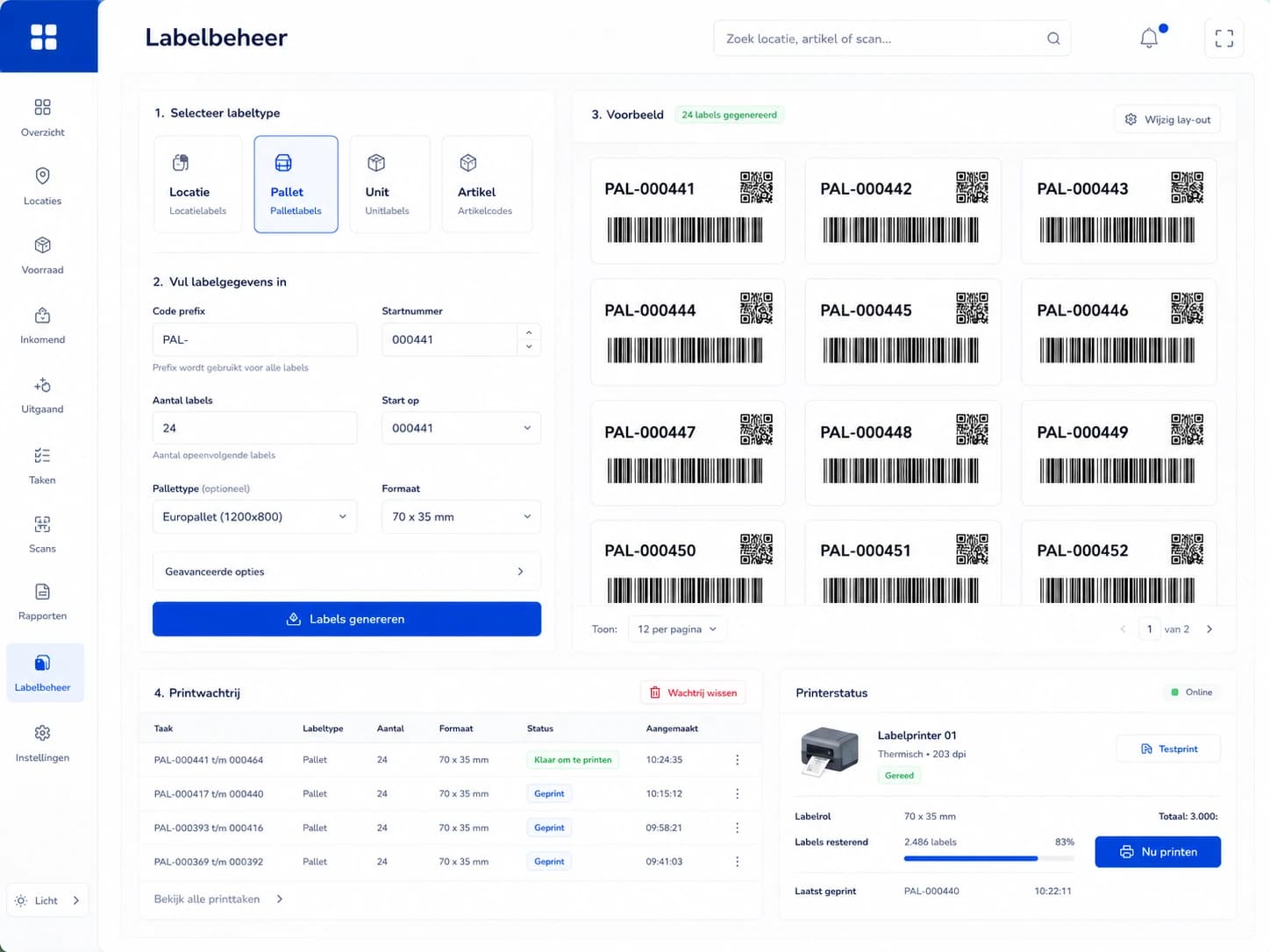 Palletlabelbeheer met gegenereerde palletbarcodes, QR-codes en printerstatus